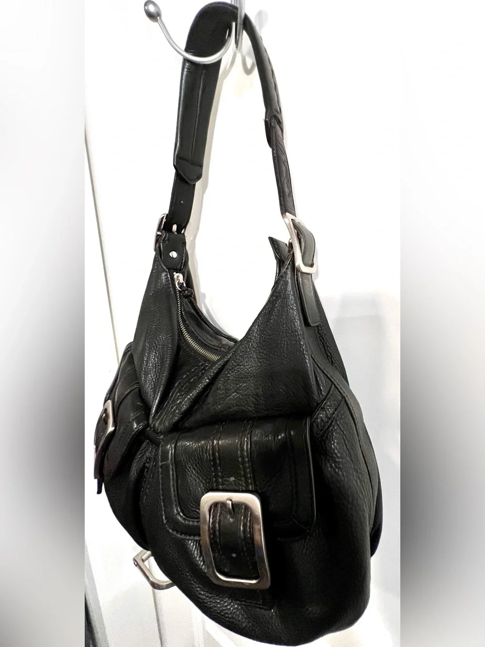 ✨COLE HAAN Y2K Large Black Leather Hobo Slouchy Shoulder Bag Buckles Pockets Zip